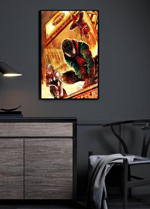 Streets on Fire wall art featuring Miles Morales, Spider-Gwen, and the Spider-Gang — room display mockup