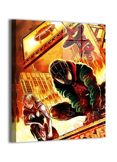 Streets on Fire wall art featuring Miles Morales, Spider-Gwen, and the Spider-Gang — artwork view