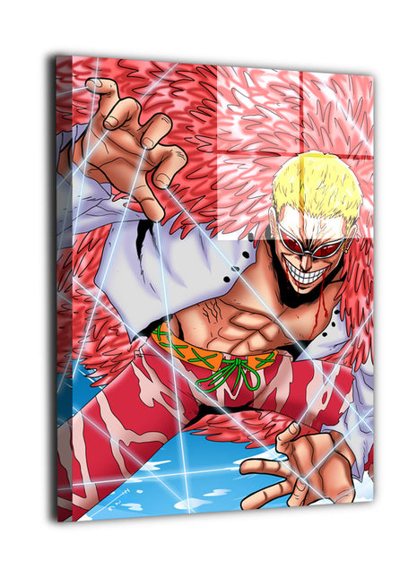 Strings of Tyranny Wall Art featuring Donquixote Doflamingo using the String-String Fruit from One Piece, shown as metal wall art, by Emmanuel Centeno.