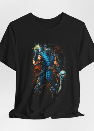 Draped front view of the black Sub-Zero Frost Armor Graphic T-Shirt.
