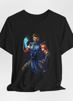 Draped front view of the black Sub-Zero Ice Fist Graphic T-Shirt.