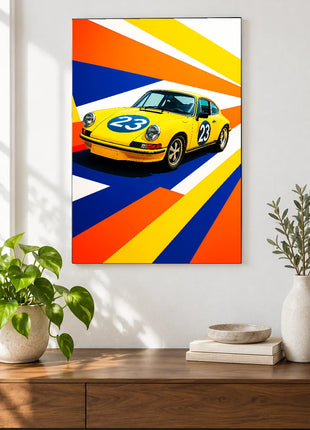 Sunburst Twenty-Three car wall art displayed above a walnut console against a white wall