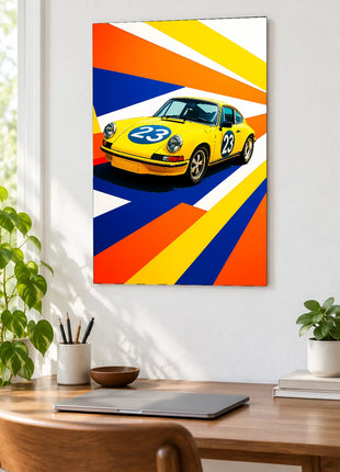 Sunburst Twenty-Three car wall art displayed above a wooden desk against a white wall