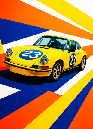 Yellow number 23 classic sports coupe surrounded by orange, blue and white diagonal rays; Sunburst Twenty-Three artwork