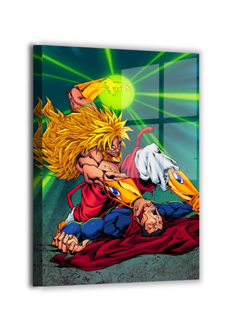 broly vs superman crossover clash by Austin Janowsky; modern metallic sheen, ready to hang.
