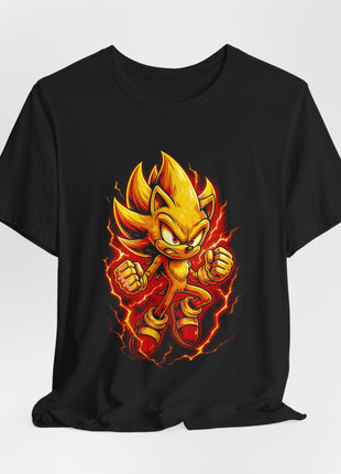 Draped front view of the black Super Sonic Golden Charge Graphic T-Shirt.
