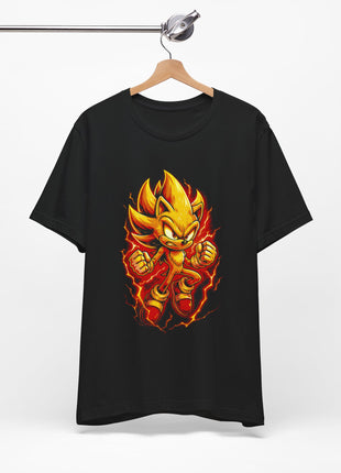 Hanging front view of the black Super Sonic Golden Charge Graphic T-Shirt.