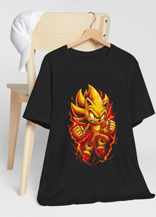 Hanging front view of the black Super Sonic Golden Charge Graphic T-Shirt.