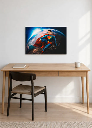 Superman A Moment Above Earth acrylic wall art displayed above a wooden desk with a notebook, pencil and white mug against a white wall.