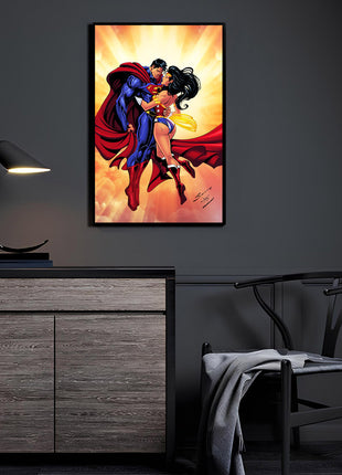 Superman and Wonder Woman acrylic wall art featuring Clark Kent and Diana Prince floating together