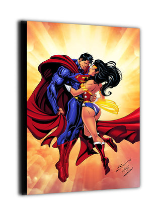 Superman and Wonder Woman canvas wall art in a quiet skybound embrace, colors by Splash Colors