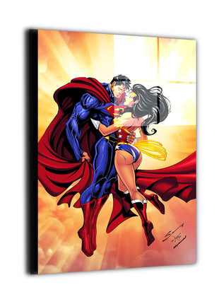 Superman and Wonder Woman metal wall art embracing above the clouds by Savy Lim, inks by Fletcher Horton