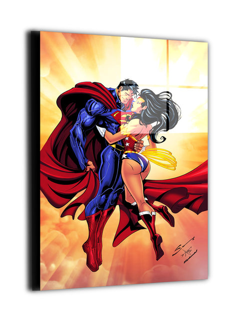 Superman and Wonder Woman metal wall art embracing above the clouds by Savy Lim, inks by Fletcher Horton
