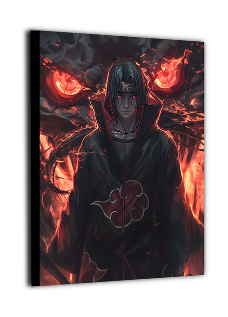 Intense anime ninja artwork featuring a stoic figure engulfed in crimson flames with a powerful gaze, high-detail canvas wall art