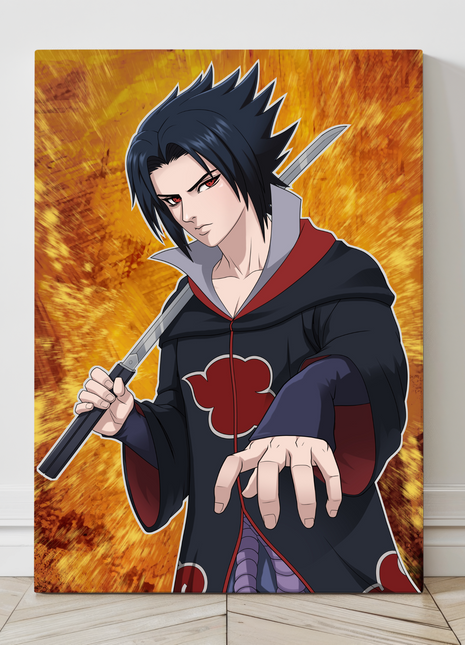 Gallery-wrapped canvas of Sasuke with sword drawn and purple guardian behind him; rich blacks and glowing highlights for a dramatic wall centerpiece.