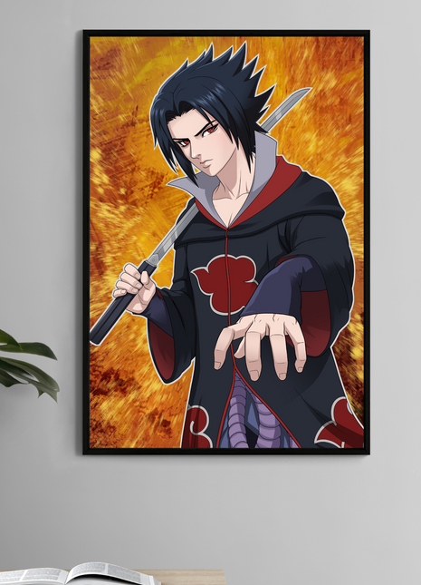 Sasuke Uchiha portrait poster—Akatsuki cloak, blade forward, violet Susanoo aura on fiery backdrop; bold anime linework by Sam Dela Torre.