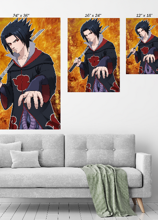 Gallery-wrapped Size Chart canvas of Sasuke with sword drawn and purple guardian behind him; rich blacks and glowing highlights for a dramatic wall centerpiece.