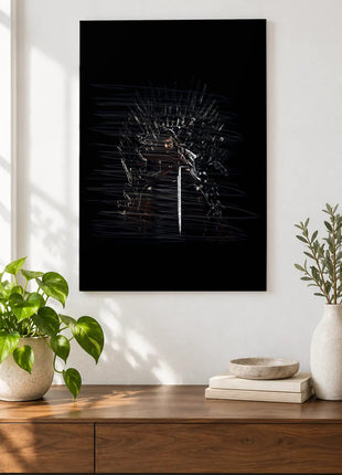 Sword at the Iron Throne acrylic wall art displayed above a wooden console with plants and books against a white wall.