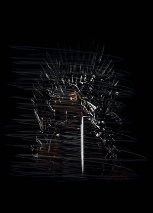 Figure seated on the Game of Thrones Iron Throne, holding a long upright sword within a dark scribble composition.