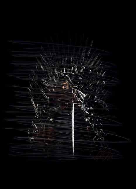 Figure seated on the Game of Thrones Iron Throne, holding a long upright sword within a dark scribble composition.
