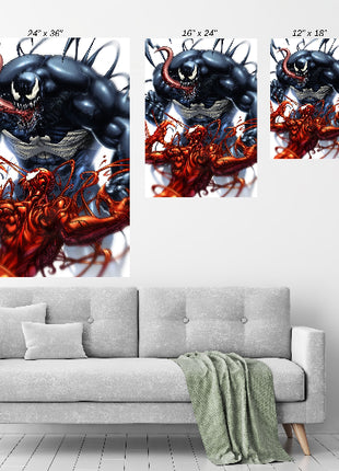 Room mockup — framed Venom vs. Carnage centerpiece; bold comic battle décor in a modern space.