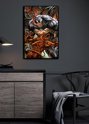 Premium wall art of Venom battling Carnage in a modern home office, collectible print