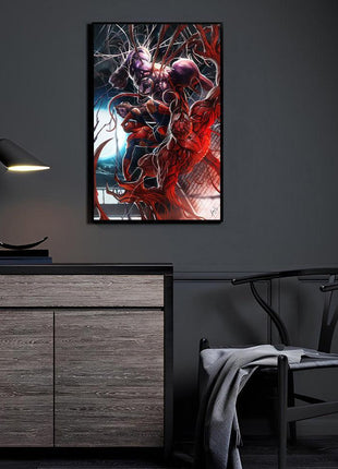 Symbiote Triad Unleashed wall art featuring Spider-Man, Venom (Eddie Brock), and Carnage (Cletus Kasady) — room display mockup