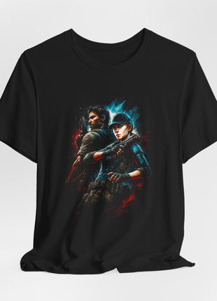 Draped black T-shirt with gathered hem showing a blue-capped tactical woman and an armed man back to back amid red and cyan brush strokes.