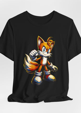 Draped front view of the black Tails Twin Tail Hero Graphic T-Shirt.