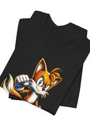 Folded view of the black Tails Twin Tail Hero Graphic T-Shirt.