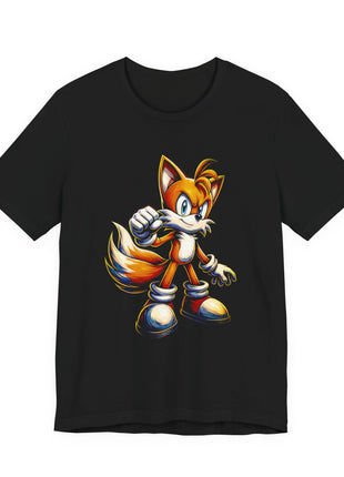 Front view of the black Tails Twin Tail Hero Graphic T-Shirt.