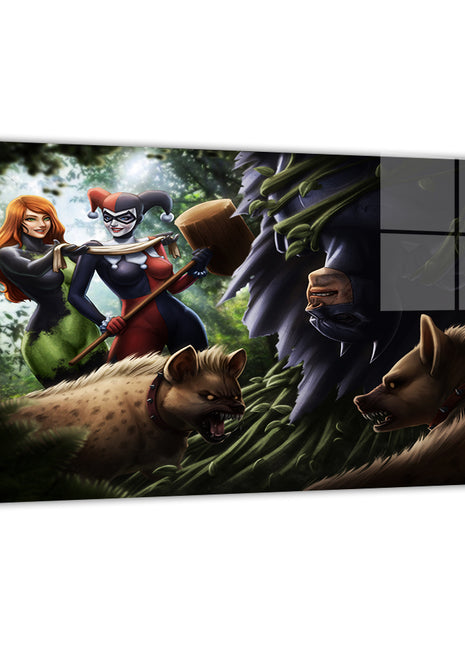 Harley Quinn, Poison Ivy, Batman, and hyenas artwork; metallic sheen, ready to hang.