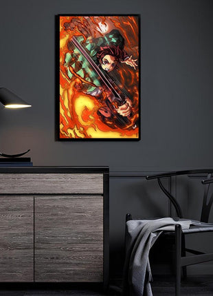 Blazing Resolve Tanjiro Wall Art featuring Tanjiro Kamado attacking through Hinokami Kagura flame on 3mm acrylic in a room display, artwork by Ray Dash.