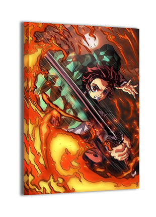 Blazing Resolve Tanjiro Wall Art featuring Tanjiro Kamado attacking through Hinokami Kagura flame on hand-stretched gloss canvas, artwork by Ray Dash.