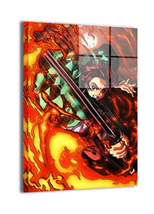 Blazing Resolve Tanjiro Wall Art featuring Tanjiro Kamado attacking through Hinokami Kagura flame on dye-sublimated metal, artwork by Ray Dash.