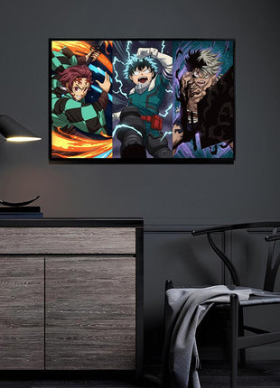 Anime Worlds Collide wall art featuring Tanjiro Kamado, Izuku Midoriya (Deku), and Asta — room display mockup