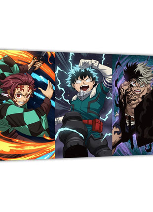 Anime Worlds Collide wall art featuring Tanjiro Kamado, Izuku Midoriya (Deku), and Asta — alternate artwork view