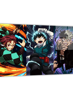 Anime Worlds Collide wall art featuring Tanjiro Kamado, Izuku Midoriya (Deku), and Asta — artwork view