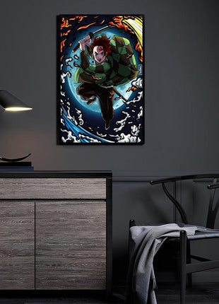 Demon Slayer's Resolve Tanjiro Wall Art featuring Tanjiro Kamado leaping with Nichirin Sword, fire, water, and moon effects on 3mm acrylic in a room display, artwork by Ray Dash.