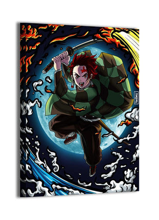 Demon Slayer's Resolve Tanjiro Wall Art featuring Tanjiro Kamado leaping with Nichirin Sword, fire, water, and moon effects on hand-stretched gloss canvas, artwork by Ray Dash.