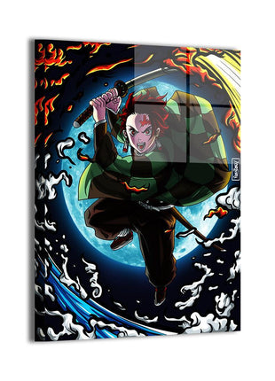 Demon Slayer's Resolve Tanjiro Wall Art featuring Tanjiro Kamado leaping with Nichirin Sword, fire, water, and moon effects on dye-sublimated metal, artwork by Ray Dash.