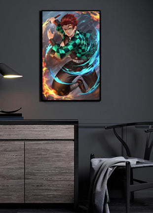 Fire and Water Tanjiro Wall Art featuring Tanjiro Kamado surrounded by fire and water with Nichirin Sword raised on 3mm acrylic in a room display, artwork by Nopeys.