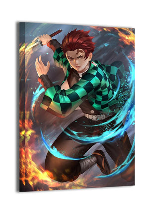 Fire and Water Tanjiro Wall Art featuring Tanjiro Kamado surrounded by fire and water with Nichirin Sword raised on hand-stretched gloss canvas, artwork by Nopeys.
