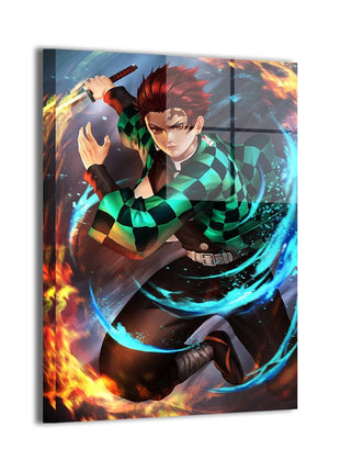 Fire and Water Tanjiro Wall Art featuring Tanjiro Kamado surrounded by fire and water with Nichirin Sword raised on dye-sublimated metal, artwork by Nopeys.