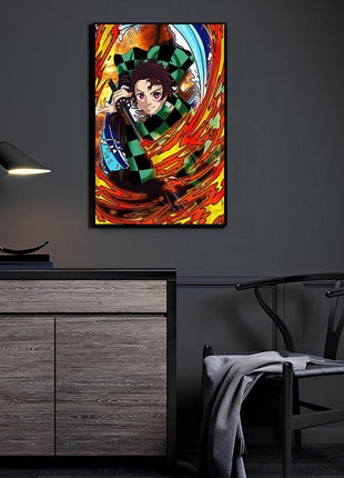 Fire and Water Convergence Tanjiro Wall Art featuring Tanjiro Kamado combining Hinokami Kagura and Water Breathing on 3mm acrylic in a room display, artwork by Emmanuel Centeno.