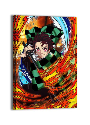 Fire and Water Convergence Tanjiro Wall Art featuring Tanjiro Kamado combining Hinokami Kagura and Water Breathing on hand-stretched gloss canvas, artwork by Emmanuel Centeno.