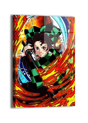 Fire and Water Convergence Tanjiro Wall Art featuring Tanjiro Kamado combining Hinokami Kagura and Water Breathing on dye-sublimated metal, artwork by Emmanuel Centeno.