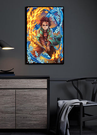 Hinokami Awakening Tanjiro Wall Art featuring Tanjiro Kamado surrounded by Hinokami Kagura flame and Water Breathing currents on 3mm acrylic in a room display, artwork by Christian Pabustan, colors by Sam DelaTorre.