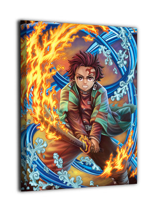Hinokami Awakening Tanjiro Wall Art featuring Tanjiro Kamado surrounded by Hinokami Kagura flame and Water Breathing currents on hand-stretched gloss canvas, artwork by Christian Pabustan, colors by Sam DelaTorre.