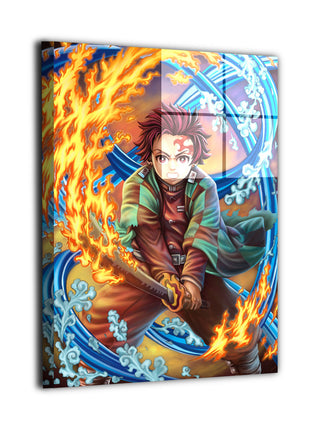 Hinokami Awakening Tanjiro Wall Art featuring Tanjiro Kamado surrounded by Hinokami Kagura flame and Water Breathing currents on dye-sublimated metal, artwork by Christian Pabustan, colors by Sam DelaTorre.